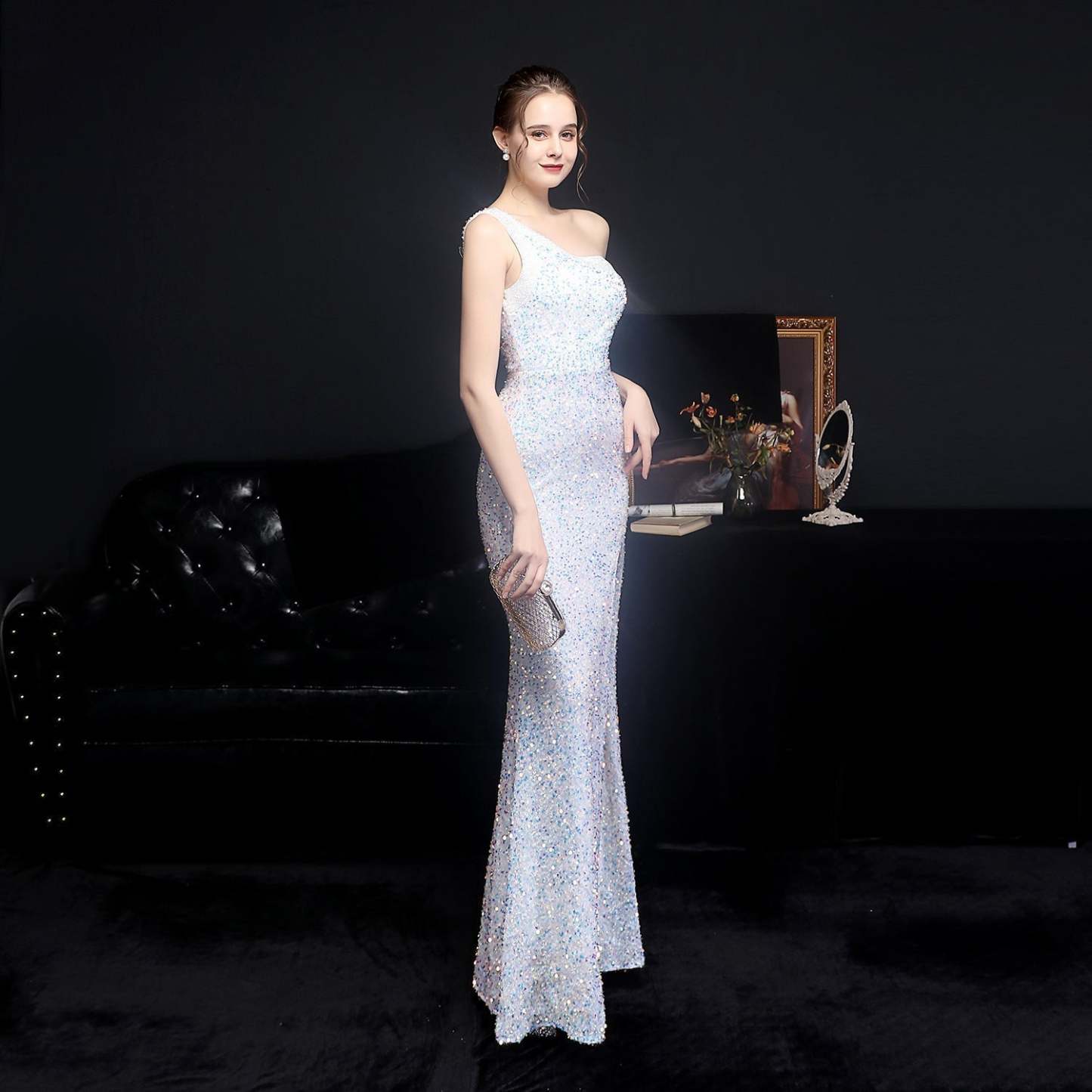 Heary dazzling sequined one-shoulder asymmetric dress - Lady Occasions