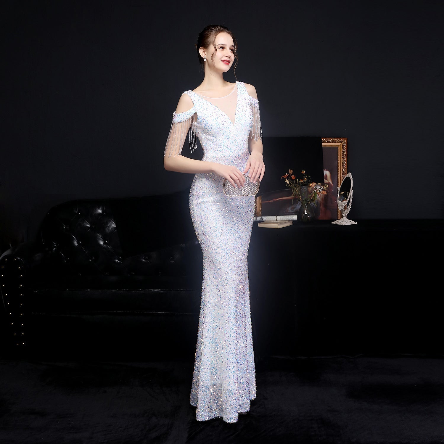 Emery sequined fringed fishtail dress - Lady Occasions