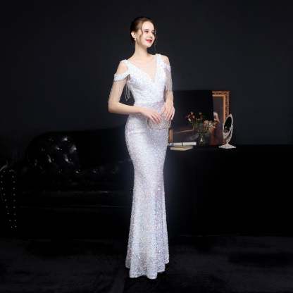 Emery sequined fringed fishtail dress - Lady Occasions