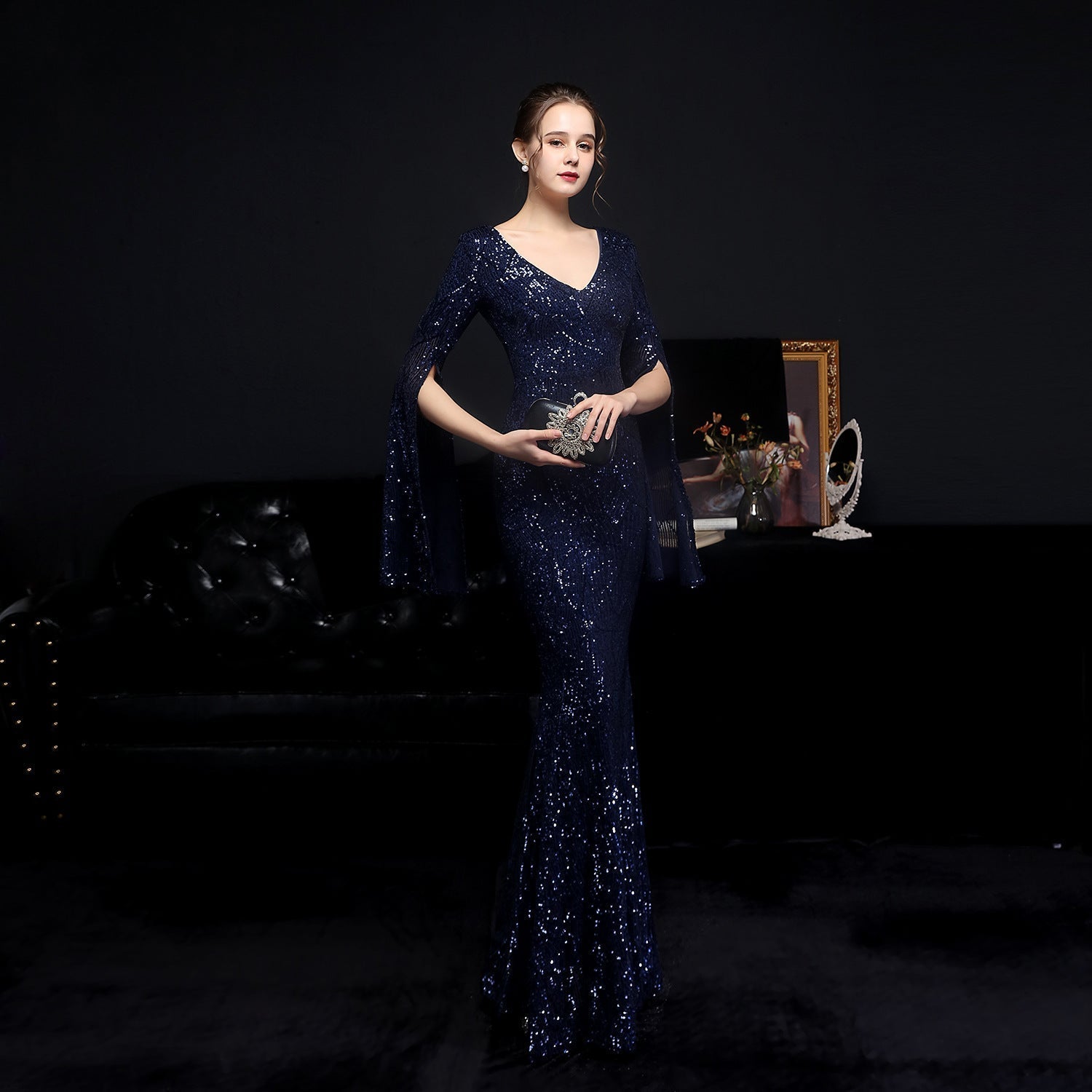 Natalie Open Sleeve Formal Sequined Mermaid Dress - Lady Occasions
