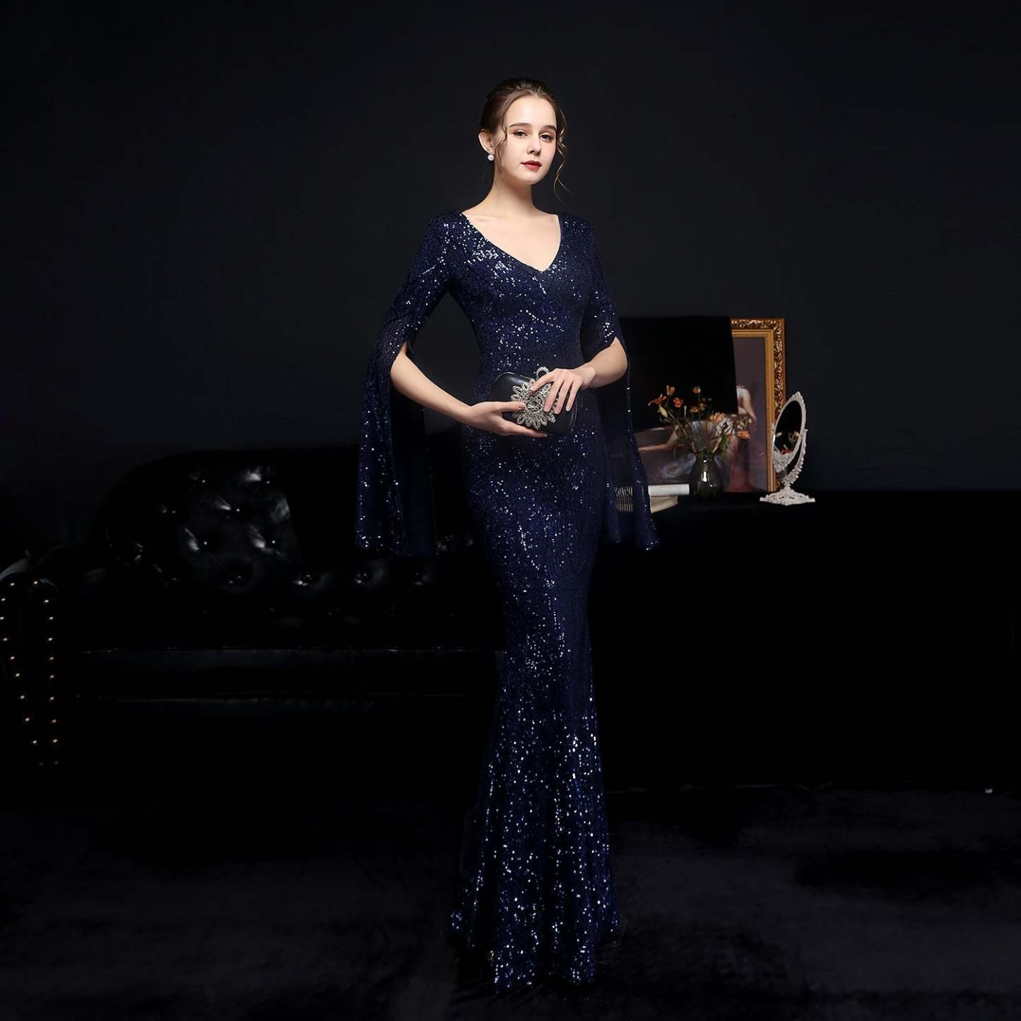 Natalie Open Sleeve Formal Sequined Mermaid Dress - Lady Occasions