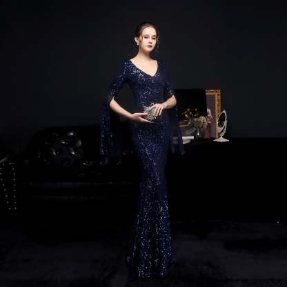 Natalie Open Sleeve Formal Sequined Mermaid Dress - Lady Occasions