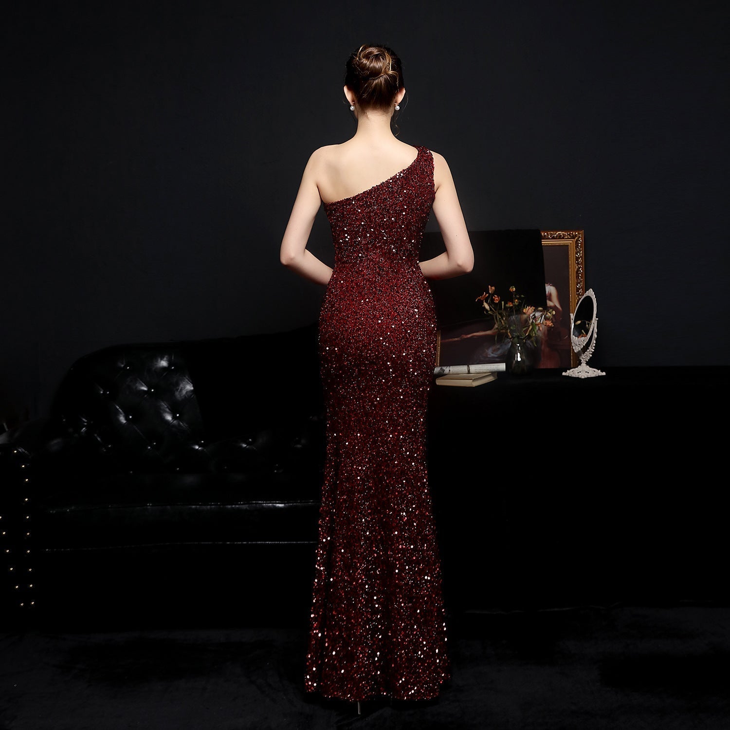 Heary dazzling sequined one-shoulder asymmetric dress - Lady Occasions