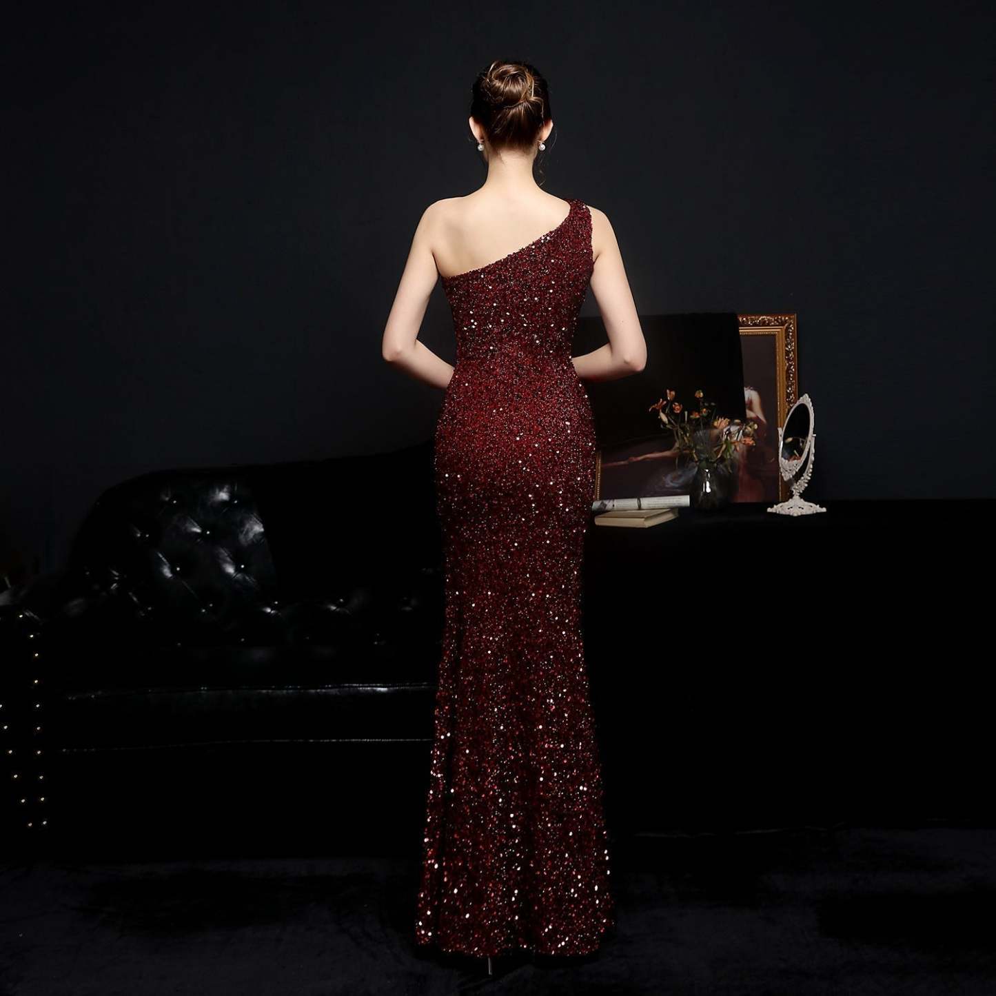 Heary dazzling sequined one-shoulder asymmetric dress - Lady Occasions