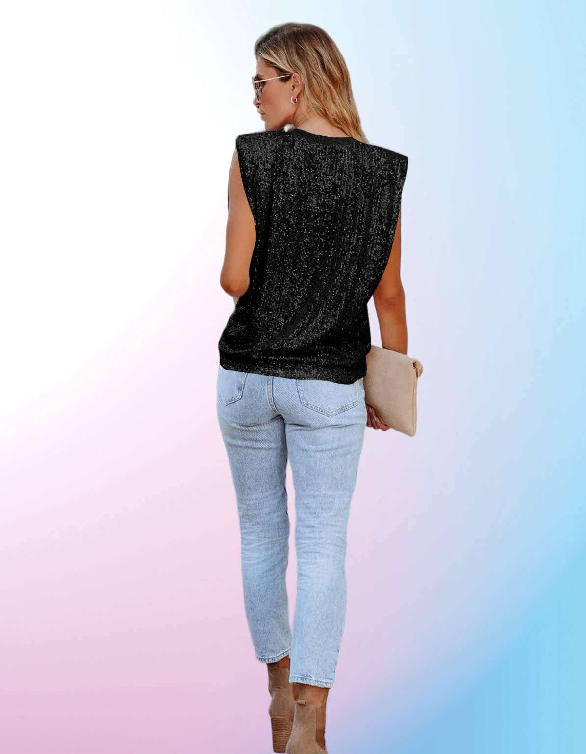 Sequined Sequined Shoulder-Padded Sleeveless Tank Top