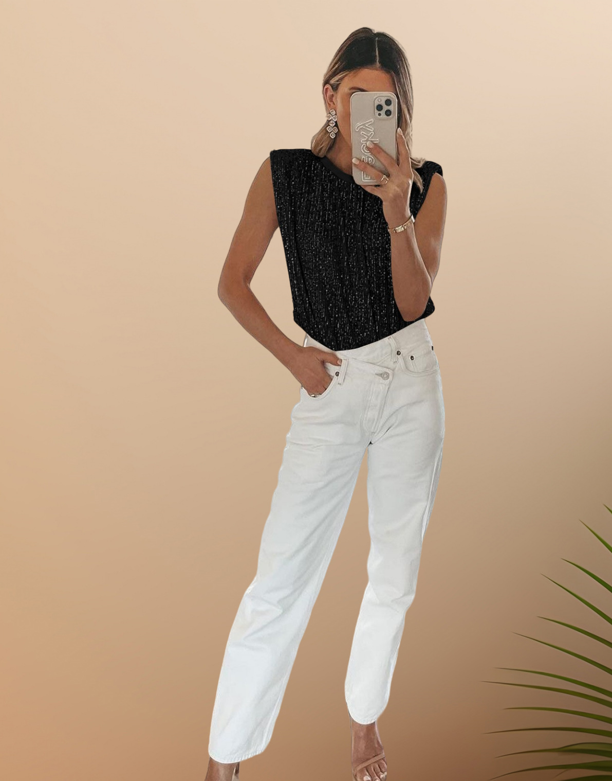 Sequined Sequined Shoulder-Padded Sleeveless Tank Top
