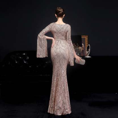 Natalie Open Sleeve Formal Sequined Mermaid Dress - Lady Occasions