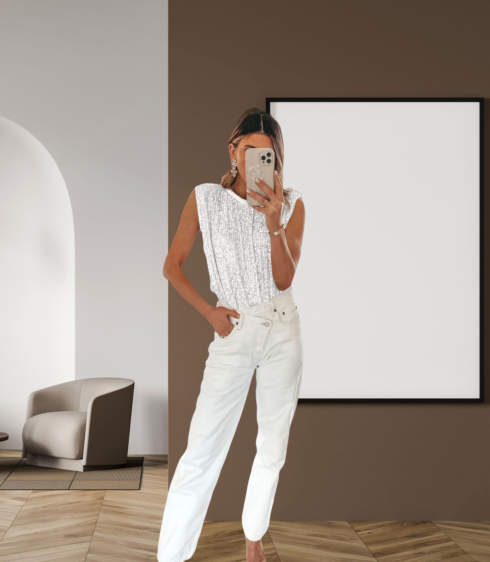 Sequined Sequined Shoulder-Padded Sleeveless Tank Top