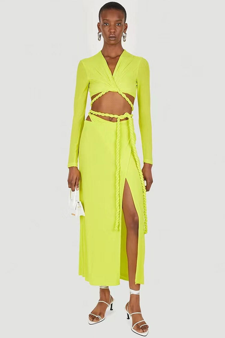 Long Sleeve Rope Wrap Top Split Skirt Two Piece Midi Dress Lime Gree ladyoccassion