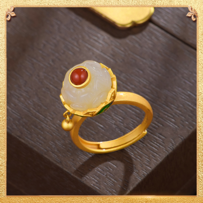 Lucky Lotus Ring - Hetian Yu Carving, South Red Agate Inlay & Enamel Decor Masterpiece