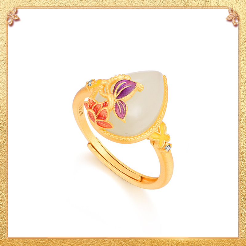 Lotus Flower Ring is exquisitely crafted from vibrant-colored enamel and Hetian Yu