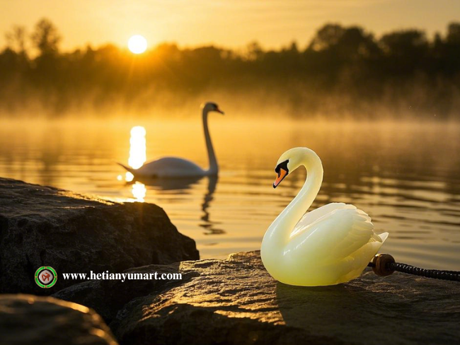 Close-up of a swan-shaped Hetian jade pendant, showcasing intricate carvings and smooth texture.
