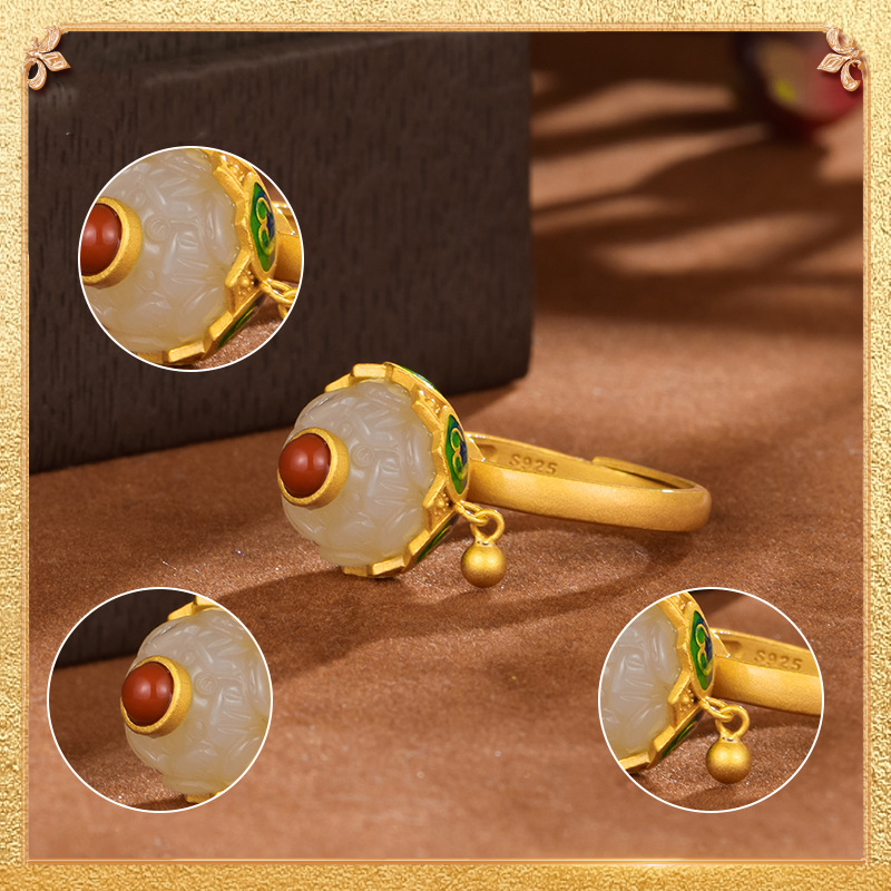 Lucky Lotus Ring - Hetian Yu Carving, South Red Agate Inlay & Enamel Decor Masterpiece