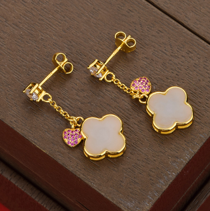 Hetian Jade "Lucky Clover" Earrings (Model K1471)