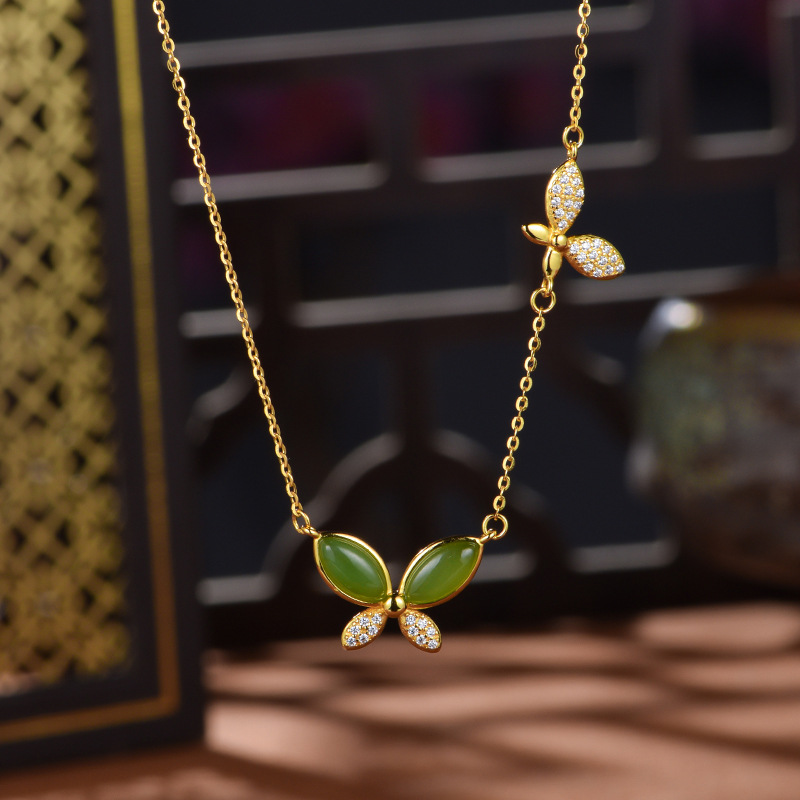 Hetian Jasper "Butterfly Whisper" Bright Gold Necklace