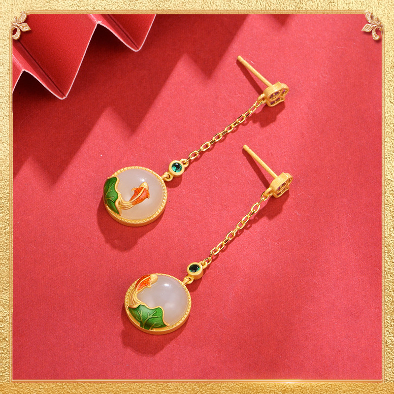 the third display of the carps playing with lotus flowers Earrings