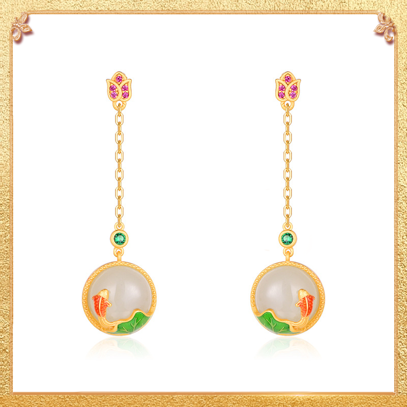 Detail display of the carps playing with lotus flowers Earrings