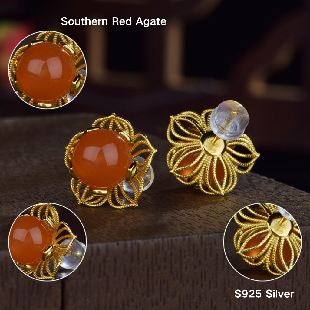 Southern Red Agate "Wealthy Lotus" Earrings 