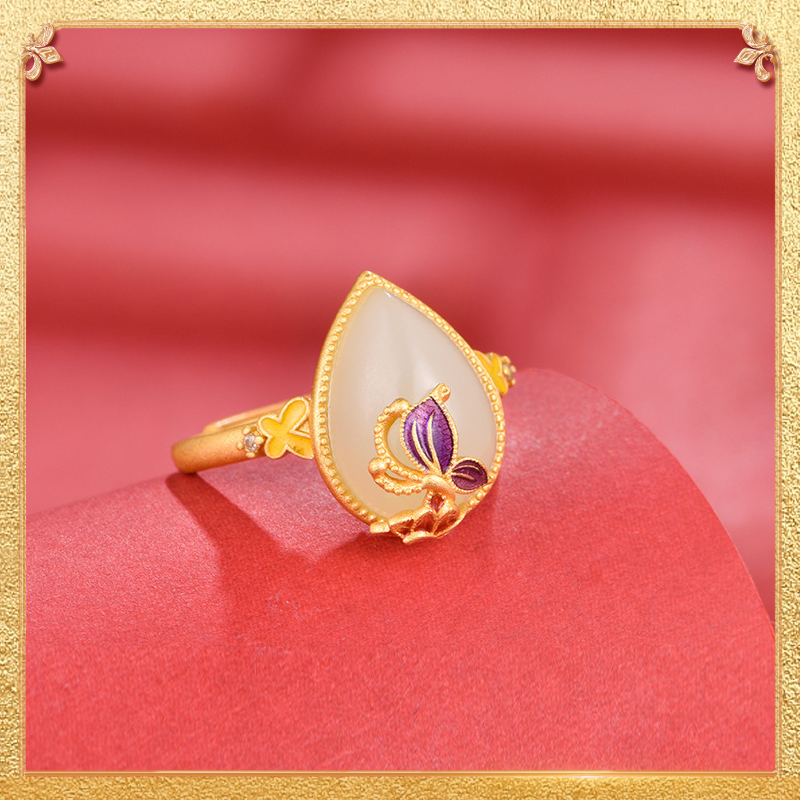 Lotus Flower Ring is exquisitely crafted from vibrant-colored enamel and Hetian Yu