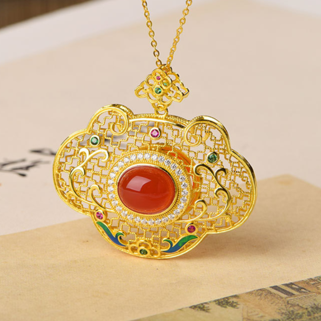 Southern Red Agate "Filigree Ruyi" Pendant (Model K1937A)