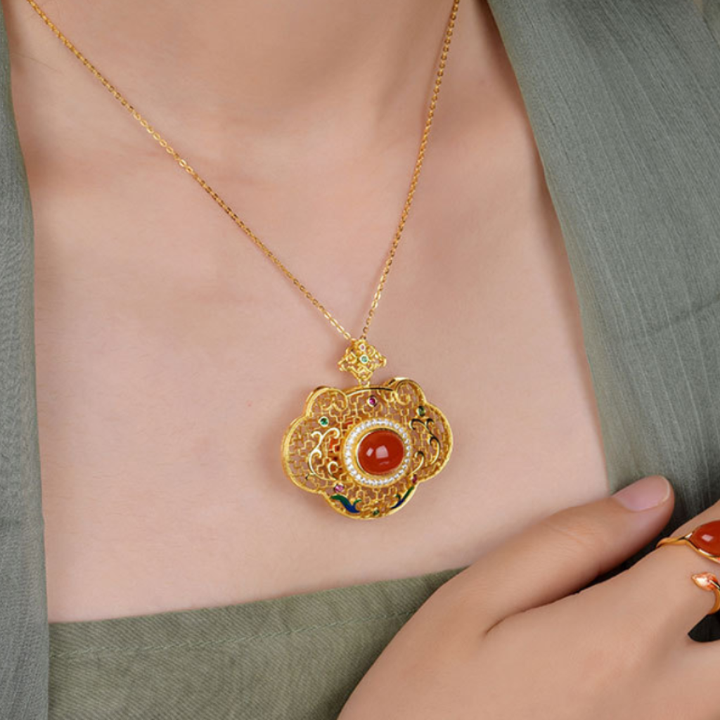 Southern Red Agate "Filigree Ruyi" Pendant (Model K1937A)