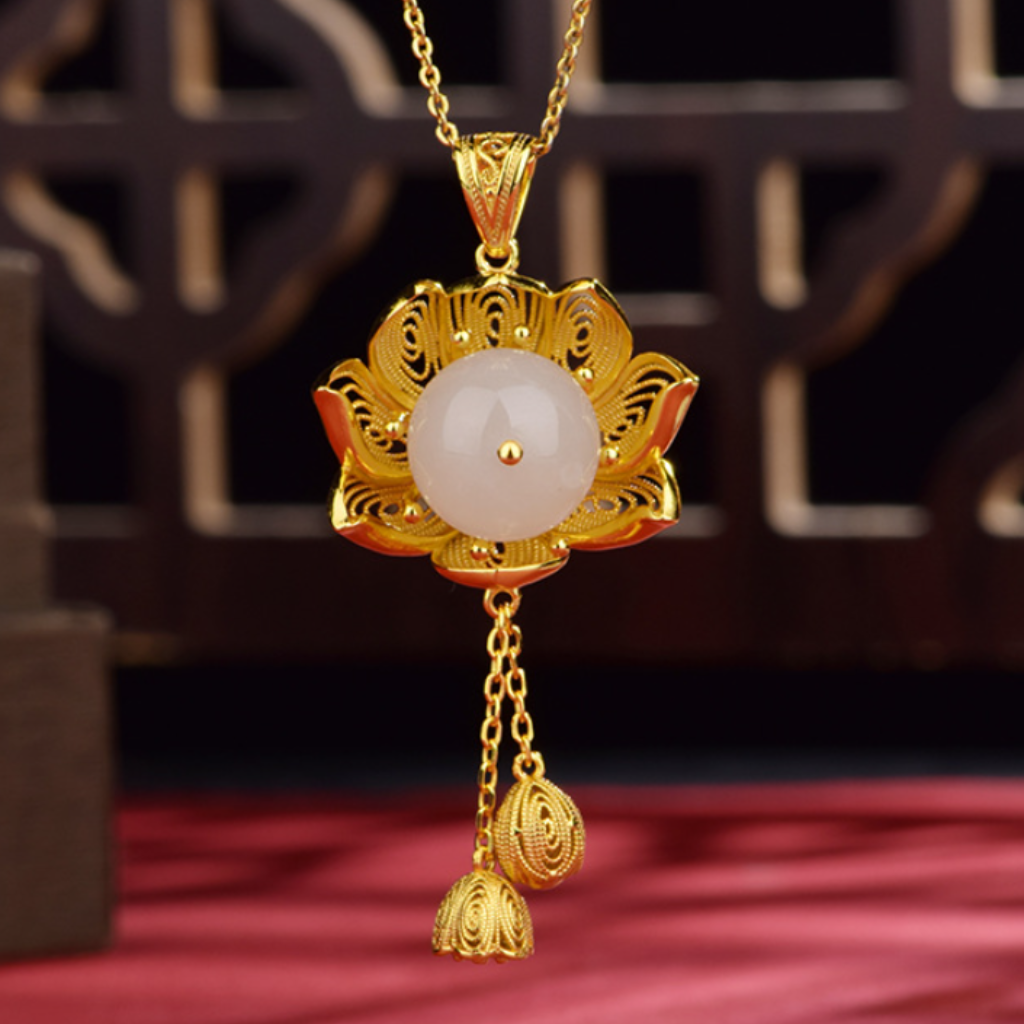 Hetian White Jade "Continuous Good Fortune Lotus" Pendant (Model K2673A)