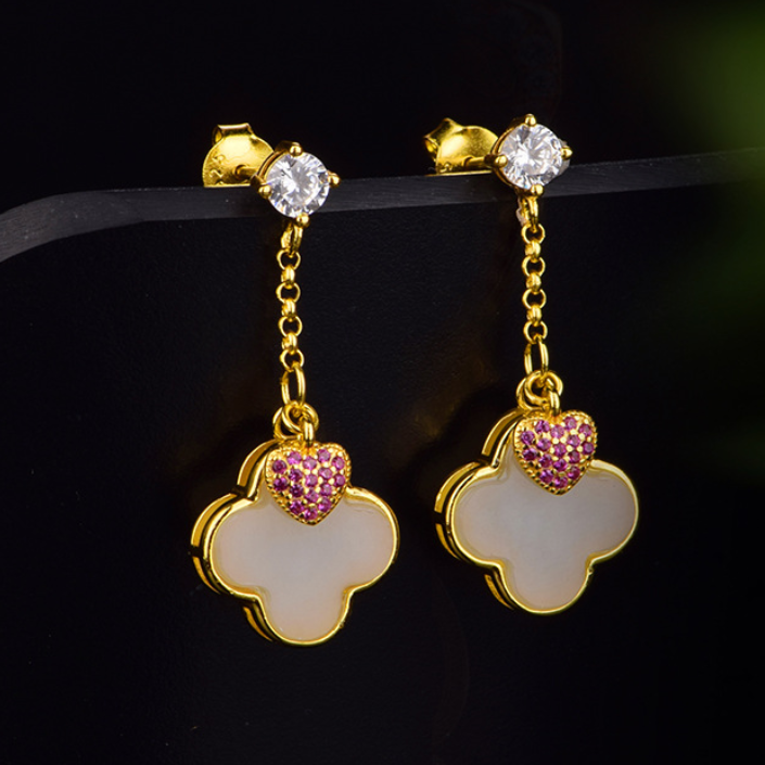 Hetian Jade "Lucky Clover" Earrings (Model K1471)