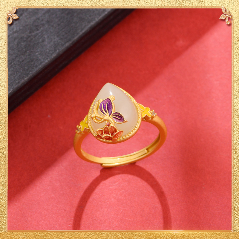 Lotus Flower Ring is exquisitely crafted from vibrant-colored enamel and Hetian Yu