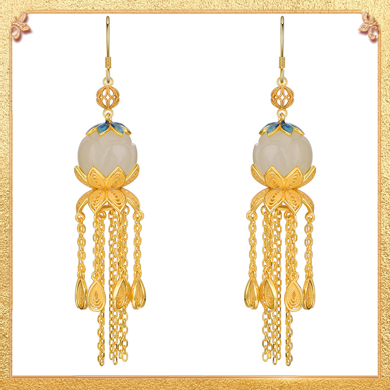 close-up shot display of the filigree tassels earrings