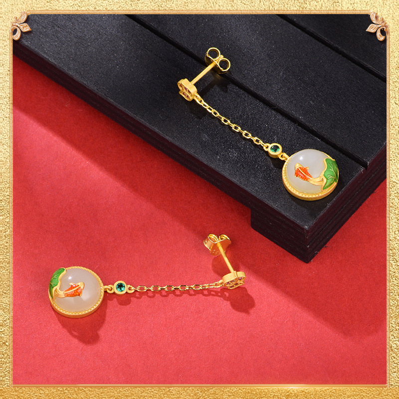 the fourth display of the carps playing with lotus flowers Earrings