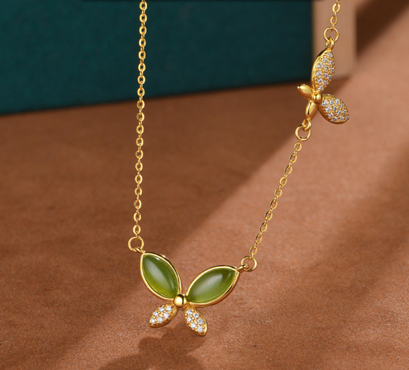 Hetian Jasper "Butterfly Whisper" Bright Gold Necklace