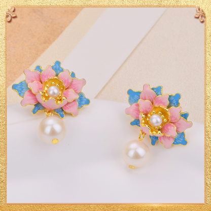 Enamel Peony - shaped Pearl Earrings