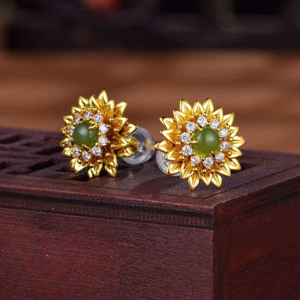 Hetian Jasper Daisy Stud Earrings