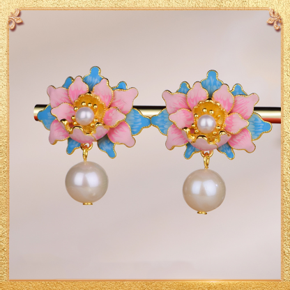 Enamel Peony - shaped Pearl Earrings