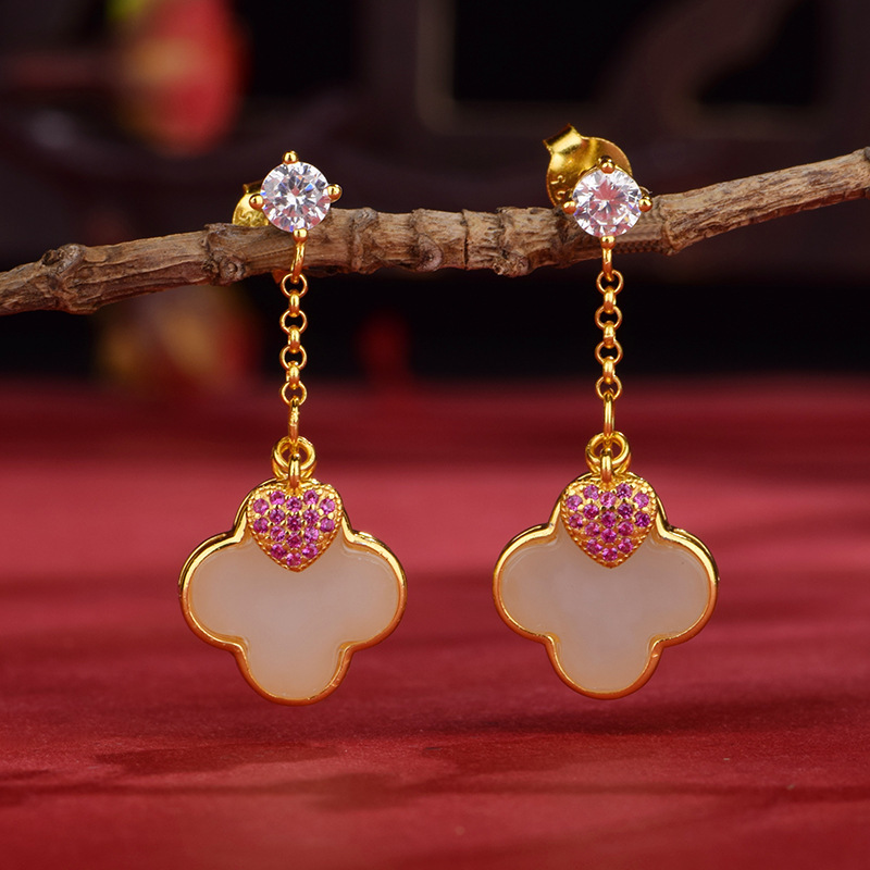 Hetian Jade "Lucky Clover" Earrings (Model K1471)