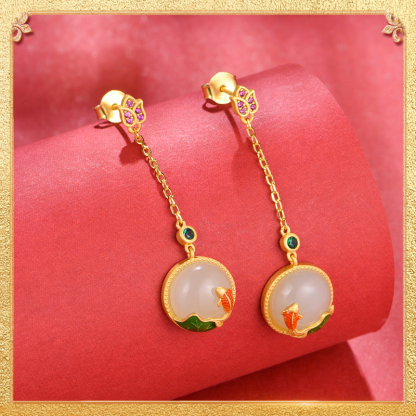 the second display of the carps playing with lotus flowers Earrings