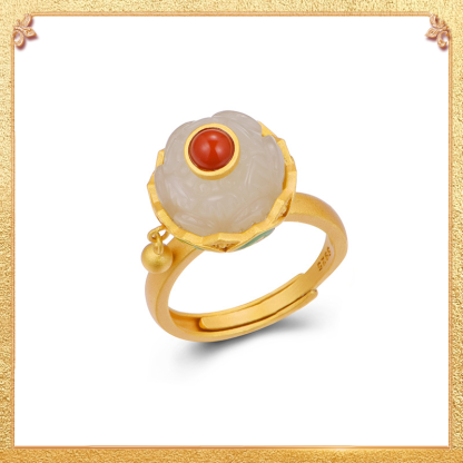 Lucky Lotus Ring - Hetian Yu Carving, South Red Agate Inlay & Enamel Decor Masterpiece