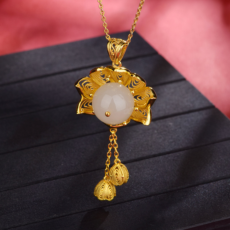 Hetian White Jade "Continuous Good Fortune Lotus" Pendant (Model K2673A)