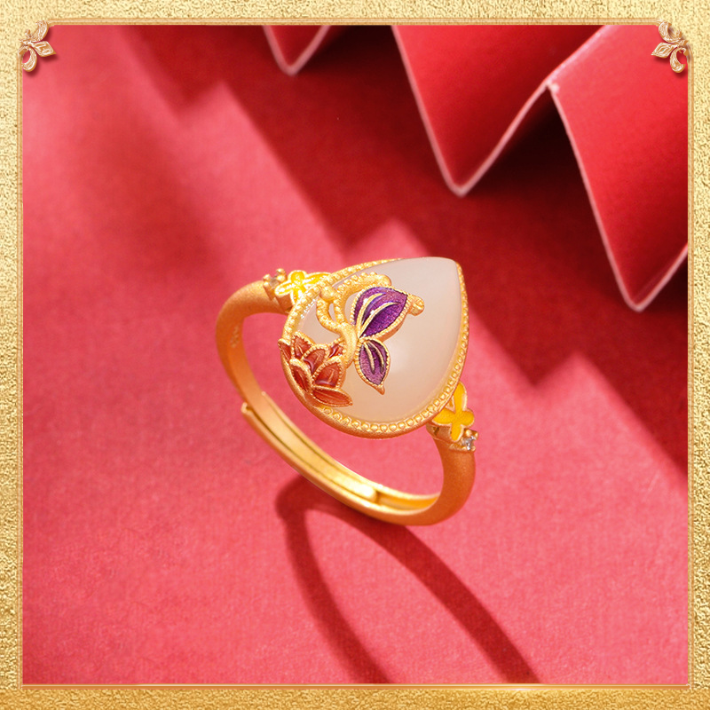 Lotus Flower Ring is exquisitely crafted from vibrant-colored enamel and Hetian Yu
