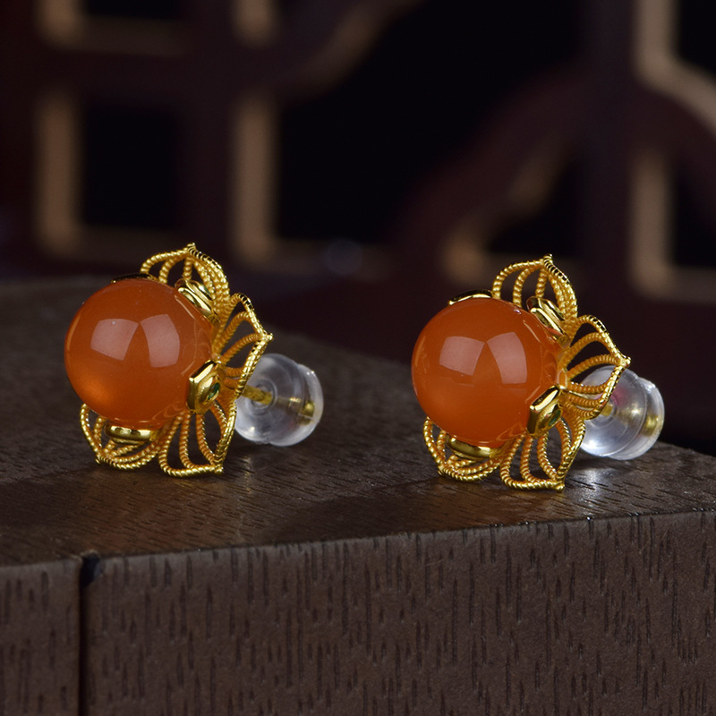 Southern Red Agate "Wealthy Lotus" Earrings 