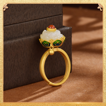 Lucky Lotus Ring - Hetian Yu Carving, South Red Agate Inlay & Enamel Decor Masterpiece