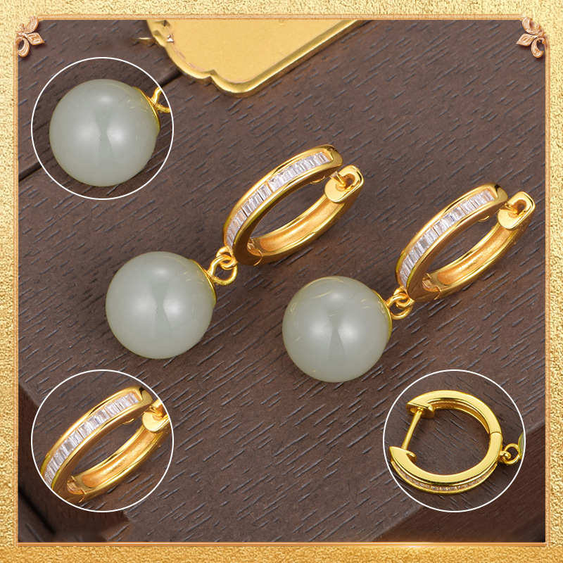 close-up shot display of the pearl-like jade earrings