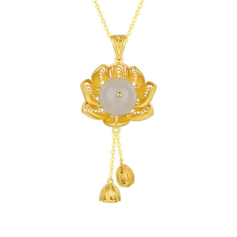 Hetian White Jade "Continuous Good Fortune Lotus" Pendant (Model K2673A)