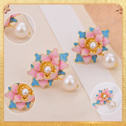 Enamel Peony - shaped Pearl Earrings