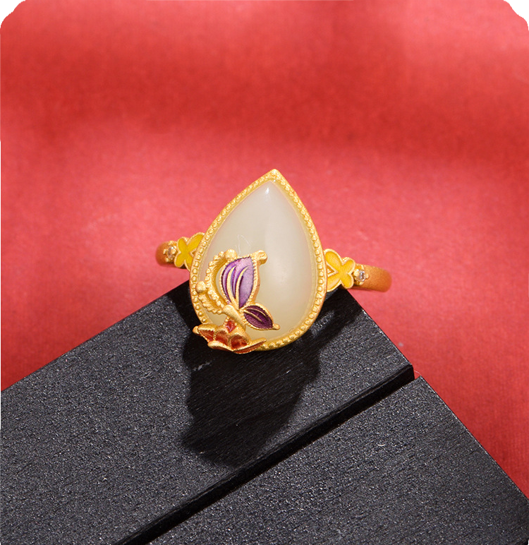 Lotus Flower Ring is exquisitely crafted from vibrant-colored enamel and Hetian Yu