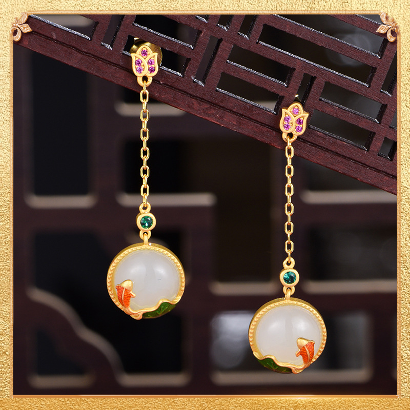 the first display of the carps playing with lotus flowers Earrings