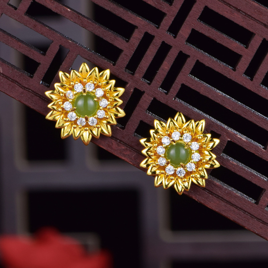 Hetian Jasper Daisy Stud Earrings