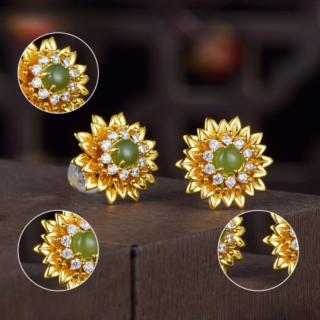 Hetian Jasper Daisy Stud Earrings