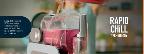 Liquid is rotated 360° around a chilling cylinder to maintain the ideal temperature and texture.