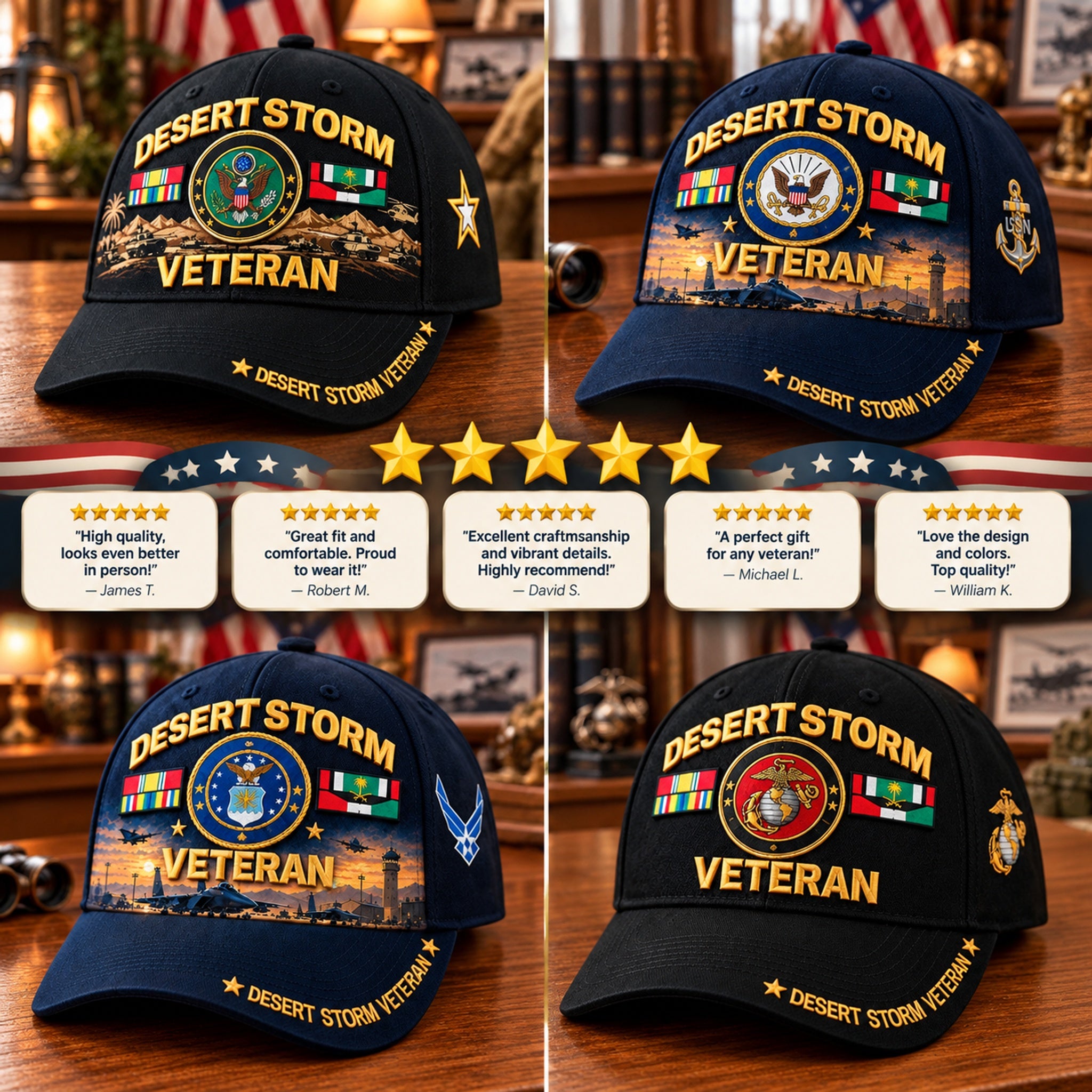 Close-up of Desert Storm Veteran cap details